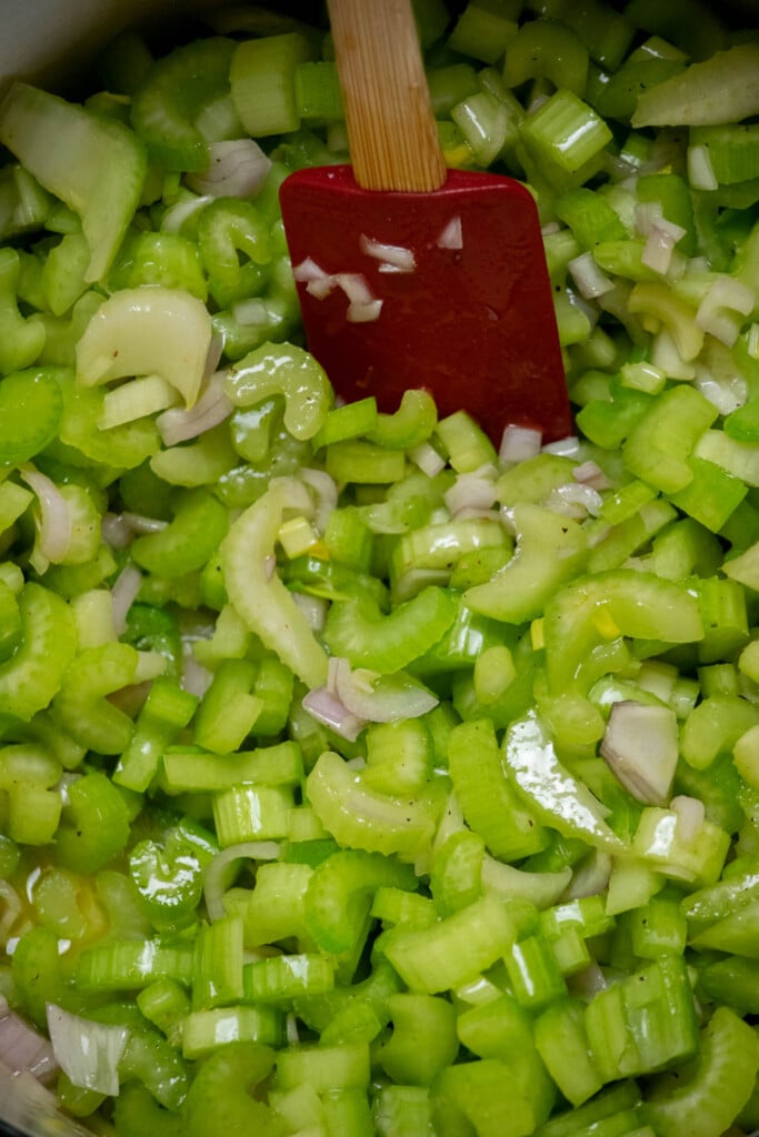 stir well, until all celery and shallots are well coated in the oil 
