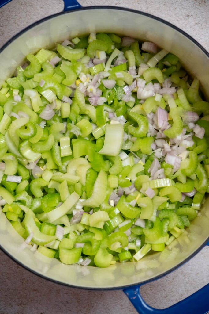 add celery, shallot, celery seed, garlic powder, and a good amount of salt and pepper to the pot. A good starting point for the salt is about 1 &frac12; tsp, and about &frac14; teaspoon freshly ground pepper