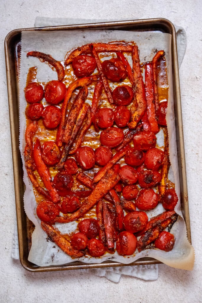 remove roasted veggies from the oven once softened and lightly charred. 