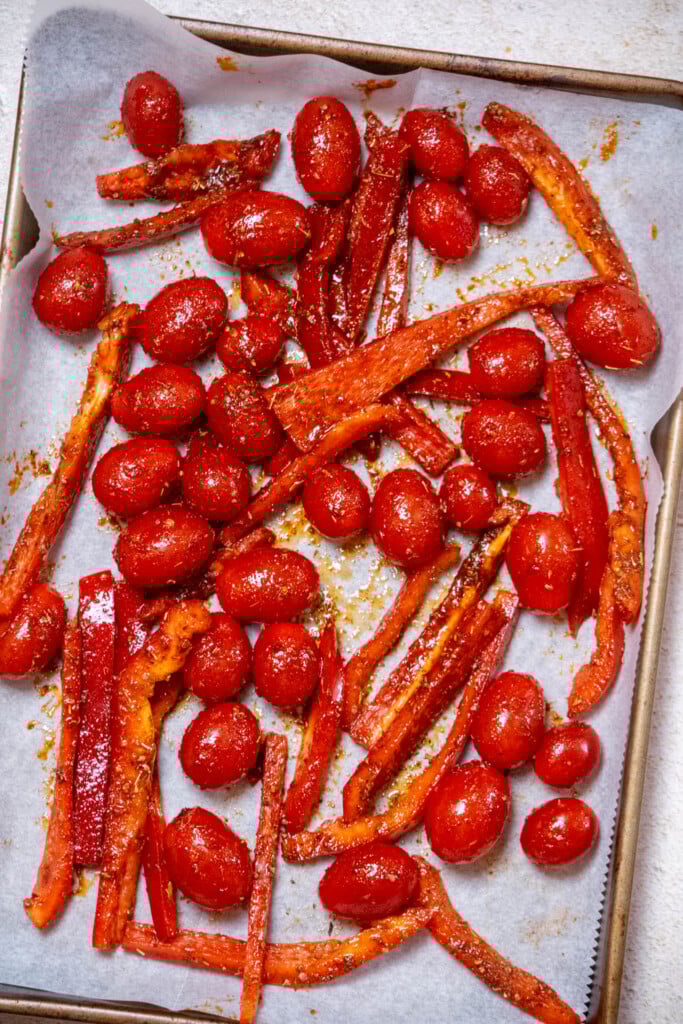 arrange veggies in an even layer on a parchment paper lined sheet pan and roast in a preheated oven while you work on the pasta. 