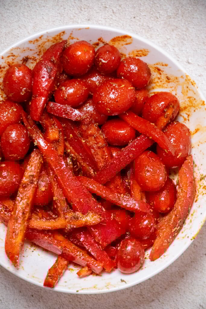 toss the veggies until well coated in the spice mixture. 