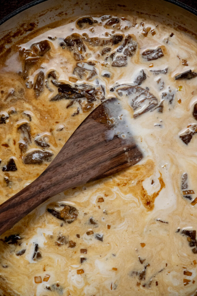 Stir in the reserved mushroom soaking liquid and heavy cream and cook for 5-7 minutes 