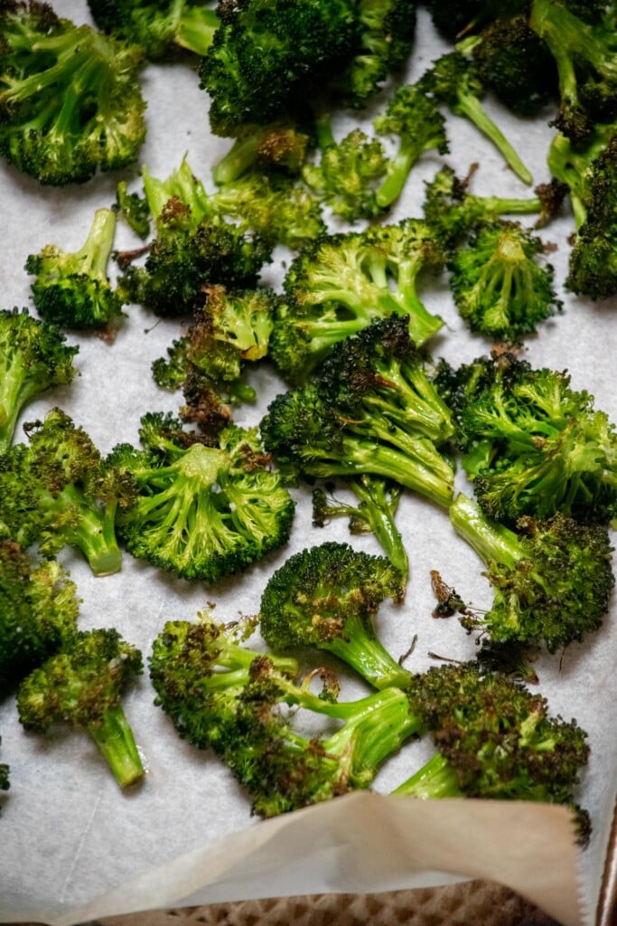 Toss the broccoli with olive oil, salt and pepper, and roast in a 425 degree oven for 20-25 minutes, until reduced in size, crisp-tender, and lightly charred.Set aside. 