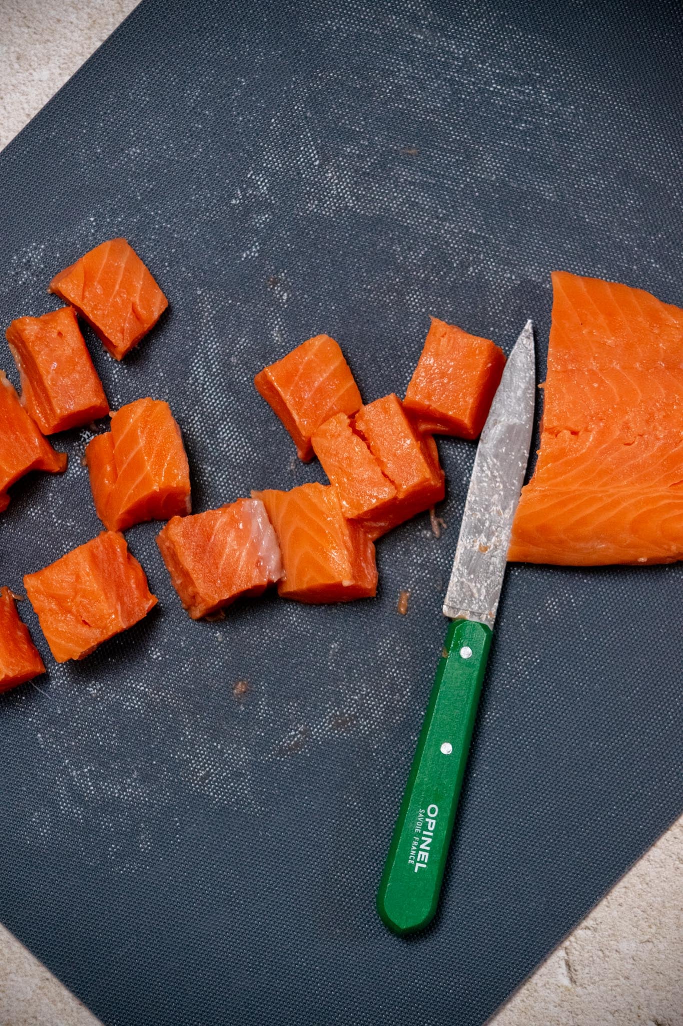 cutting salmon bites